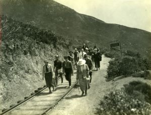 Hikers following the Railroad Grade on their way to the Mountain Play • Circa 1926